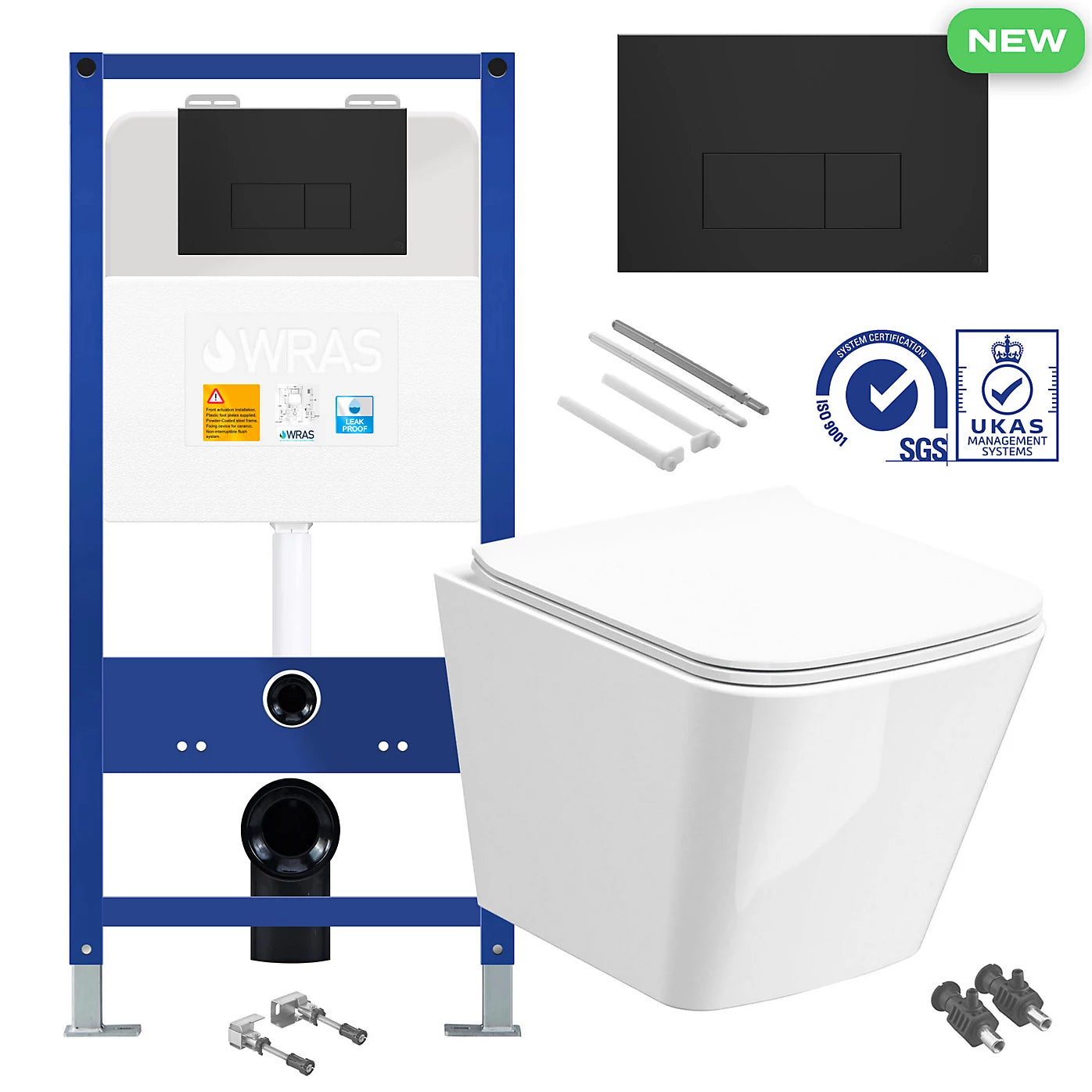 Square Rimless Wall-Hung Toilet Set with Concealed Cistern &amp; Matt Black Flush Plate
