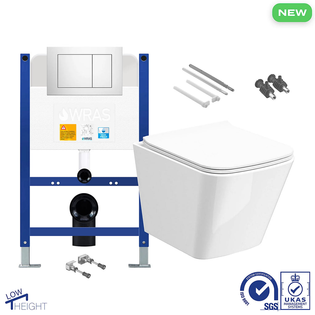 Square Rimless Wall-Hung Toilet &amp; Low-Height Concealed Cistern Frame - Chrome Flush Plate