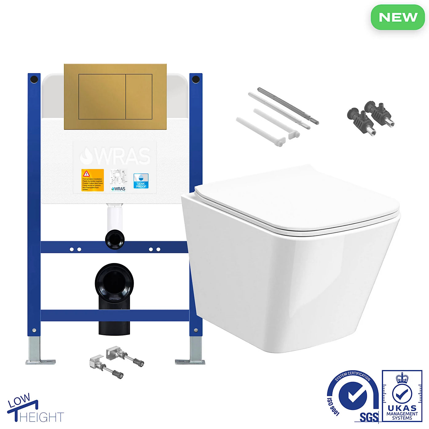 Square Rimless Wall-Hung Toilet Set with Low-Height Concealed Cistern - Brushed Brass Flush Plate