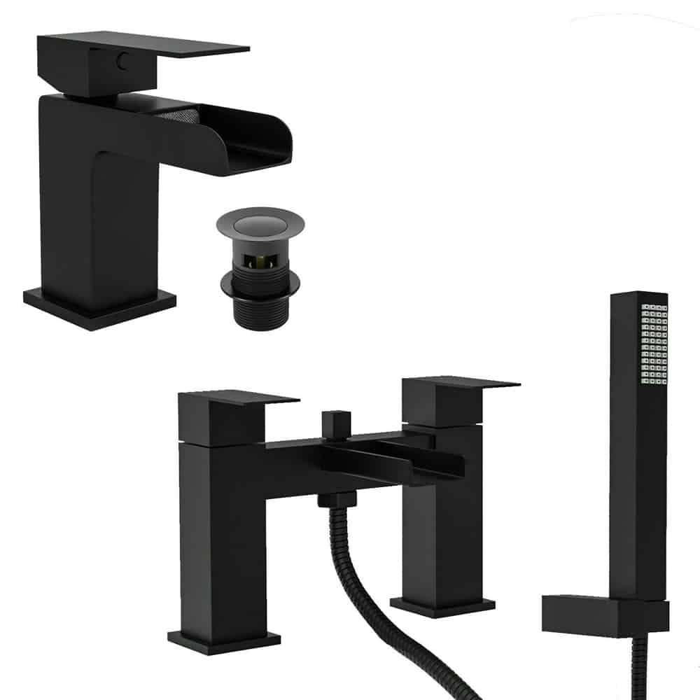 Matt Black Waterfall Bath Shower Mixer & Basin Tap-0