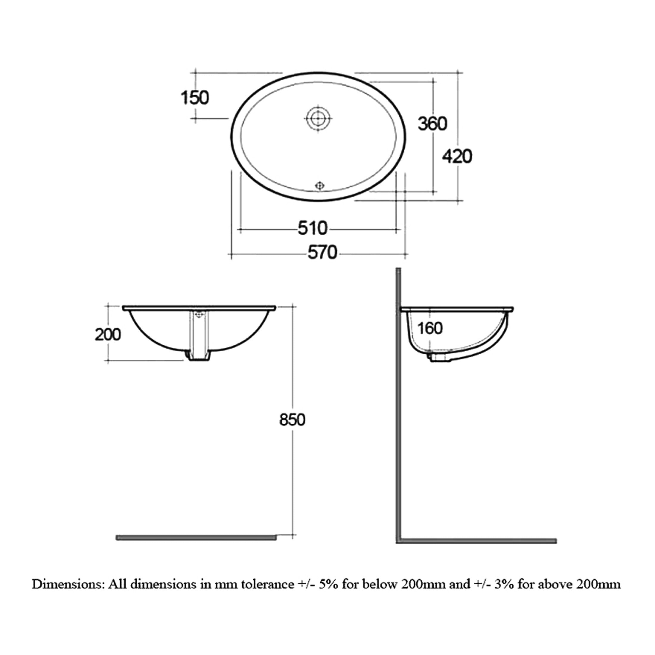 RAK Rosa Inset Undermount Countertop Basin - 570mm Wide - 0 TH - Alpine White