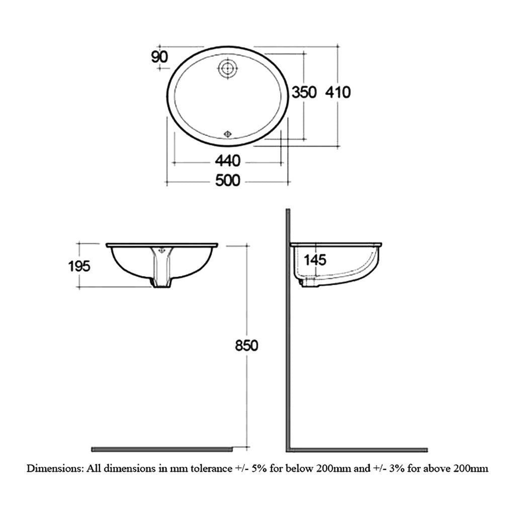 RAK Rosa Undermount Countertop Basin - 500mm Wide - 0 TH - Alpine White