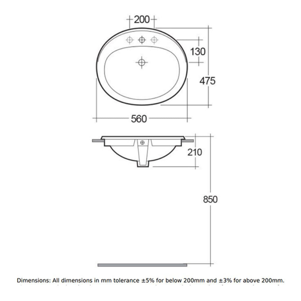 RAK Mira Inset Countertop Basin - 560mm Wide - 2 TH - Alpine White