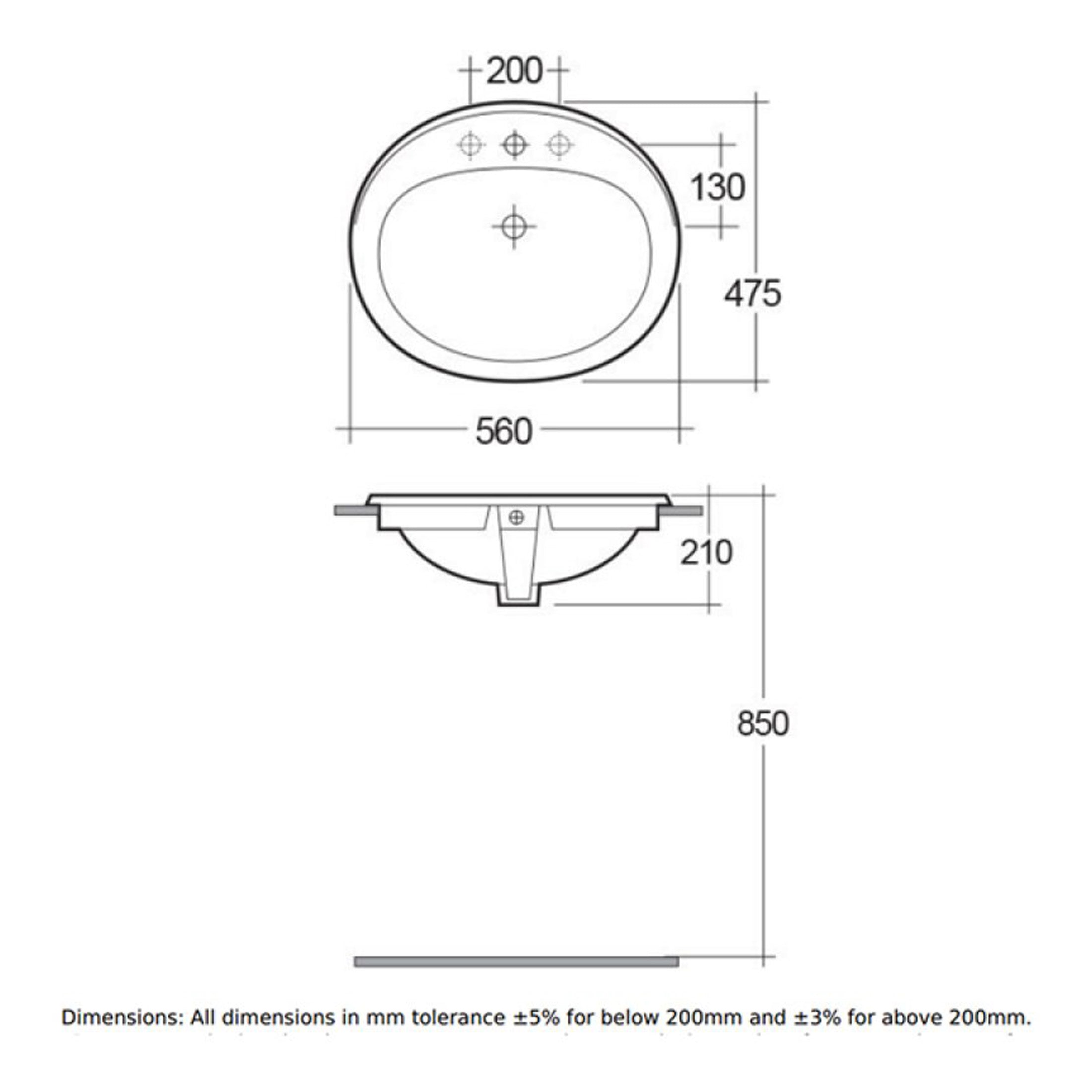 RAK Mira Inset Countertop Basin - 560mm Wide - 2 TH - Alpine White