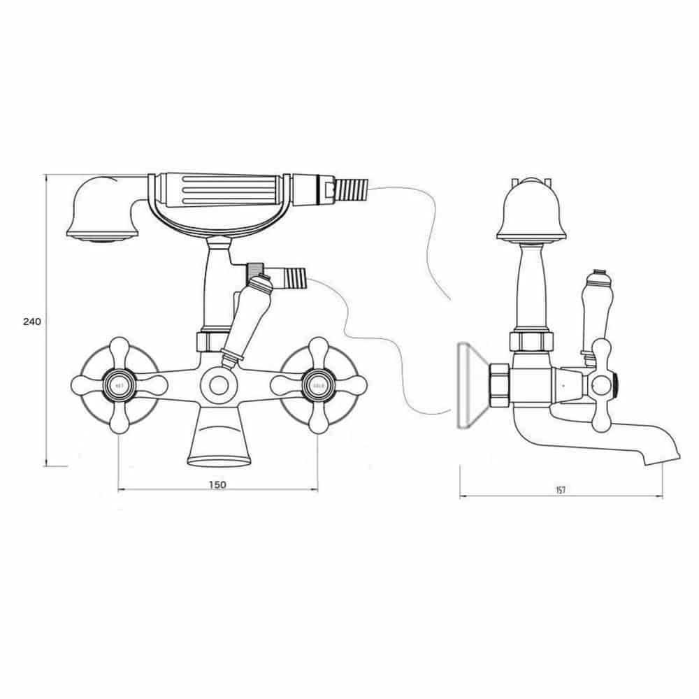 Traditional Wall Mounted Bath Filler Mixer Tap Hot Cold Classic Ceramic Cartridge-14578