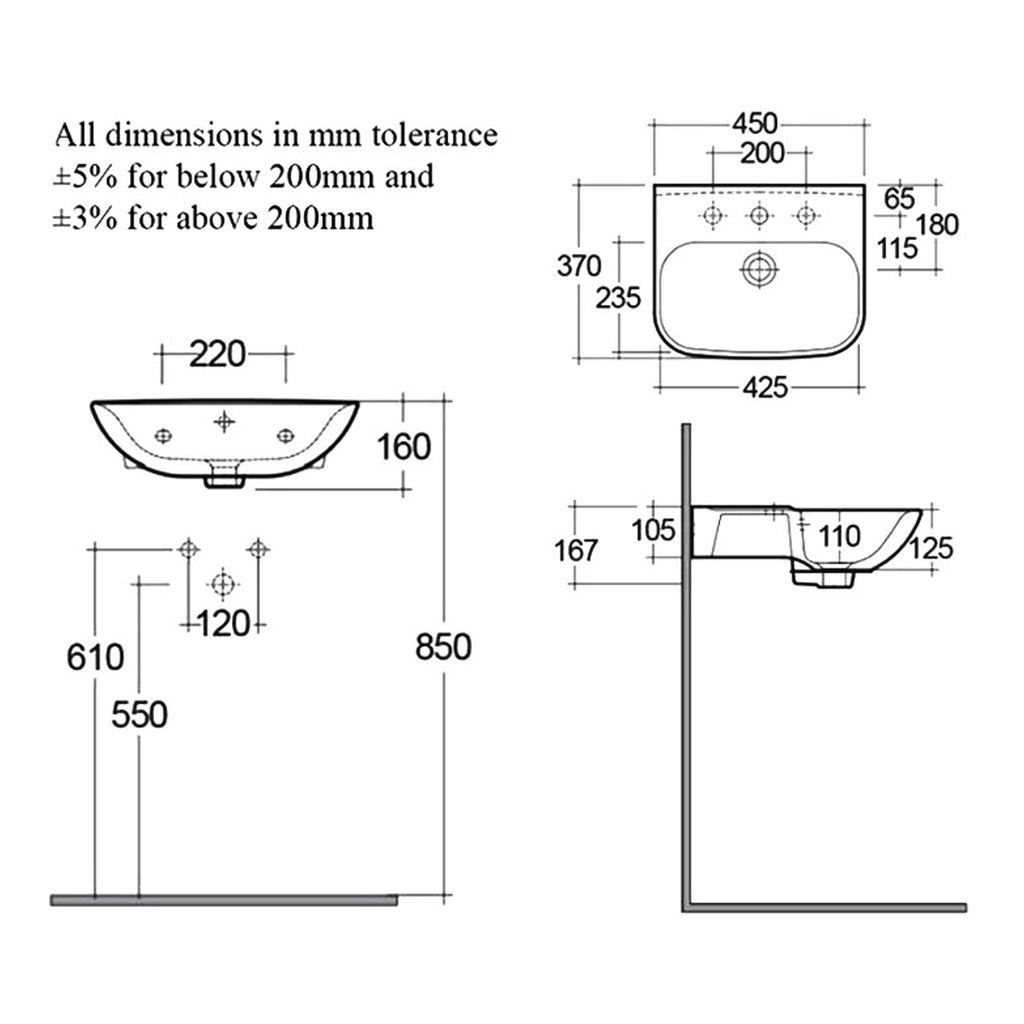 RAK Origin 62 Wall Hung Basin - 450mm Wide - 1 TH - Alpine White