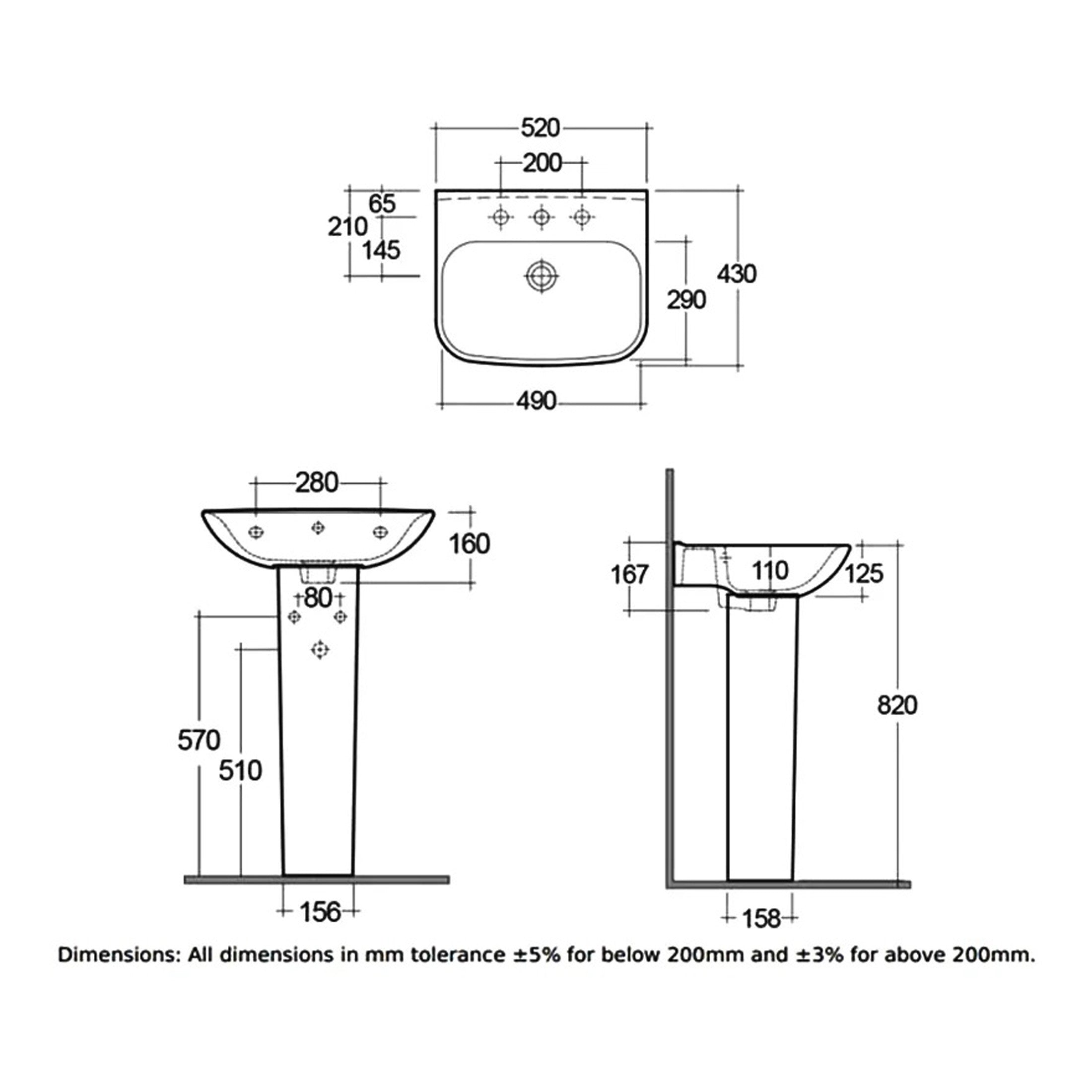 RAK Origin 62 Basin With Full Pedestal - 520mm Wide - 1 TH - Alpine White