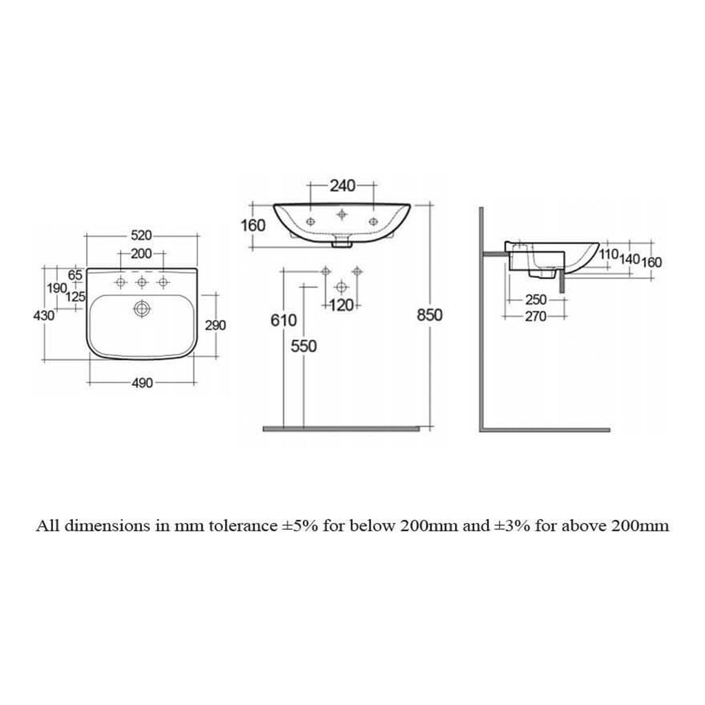 RAK Origin 62 Semi Recessed Basin - 520mm Wide - 1 TH - Alpine White