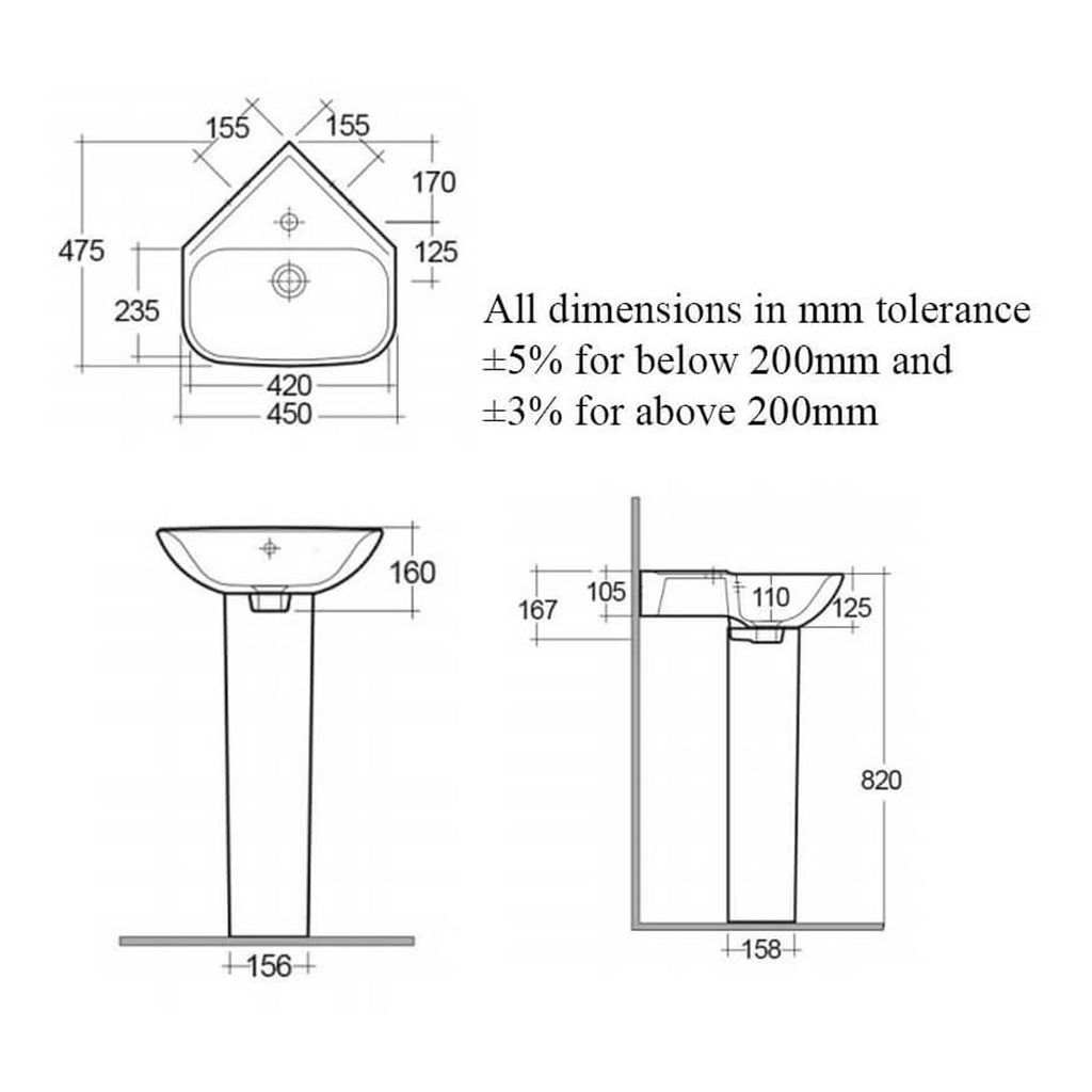 RAK Origin 62 Corner Basin With Full Pedestal - 450mm Wide - 1 TH - Alpine White