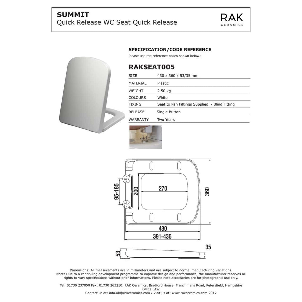 RAK Summit Soft Close Toilet Seat With Quick Release Hinges - White