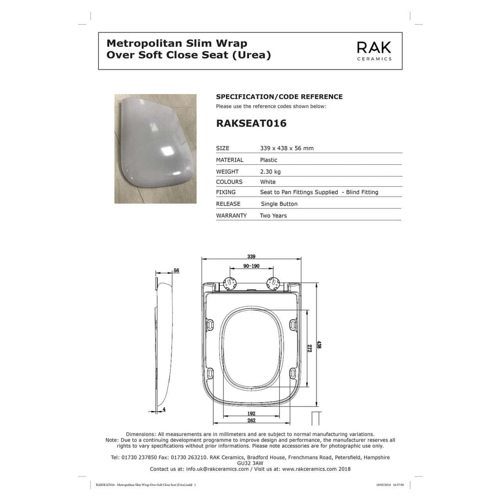 RAK Metropolitan Slim Wrap Over Soft Close Seat - White