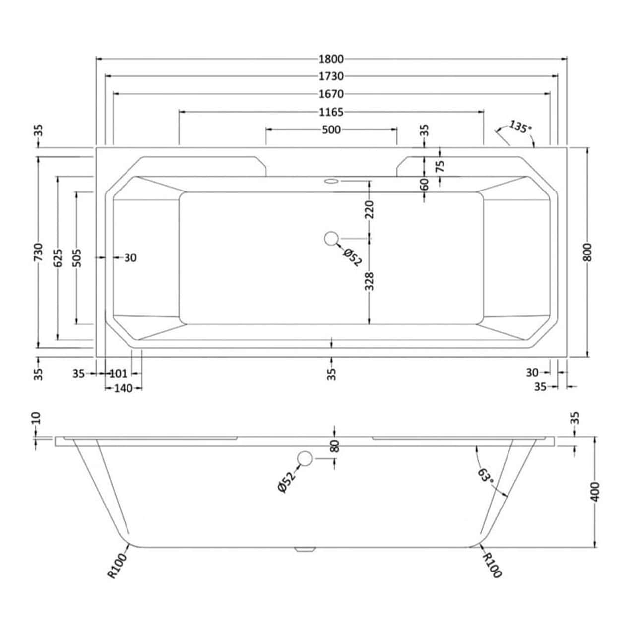 RAK Washington Double Ended Bath With Leg Set - 1800mm x 800mm - No TH - White
