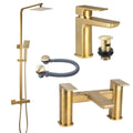 Brushed Brass Shower Kit Rigid Riser Over Head Rainfall & Brushed Brass Basin Tap, Bath Filler Mixer & Bath Waste Pack-0