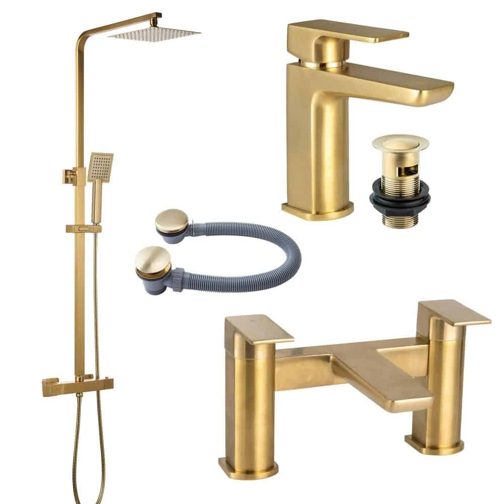 Brushed Brass Shower Kit Rigid Riser Over Head Rainfall & Brushed Brass Basin Tap, Bath Filler Mixer & Bath Waste Pack-0