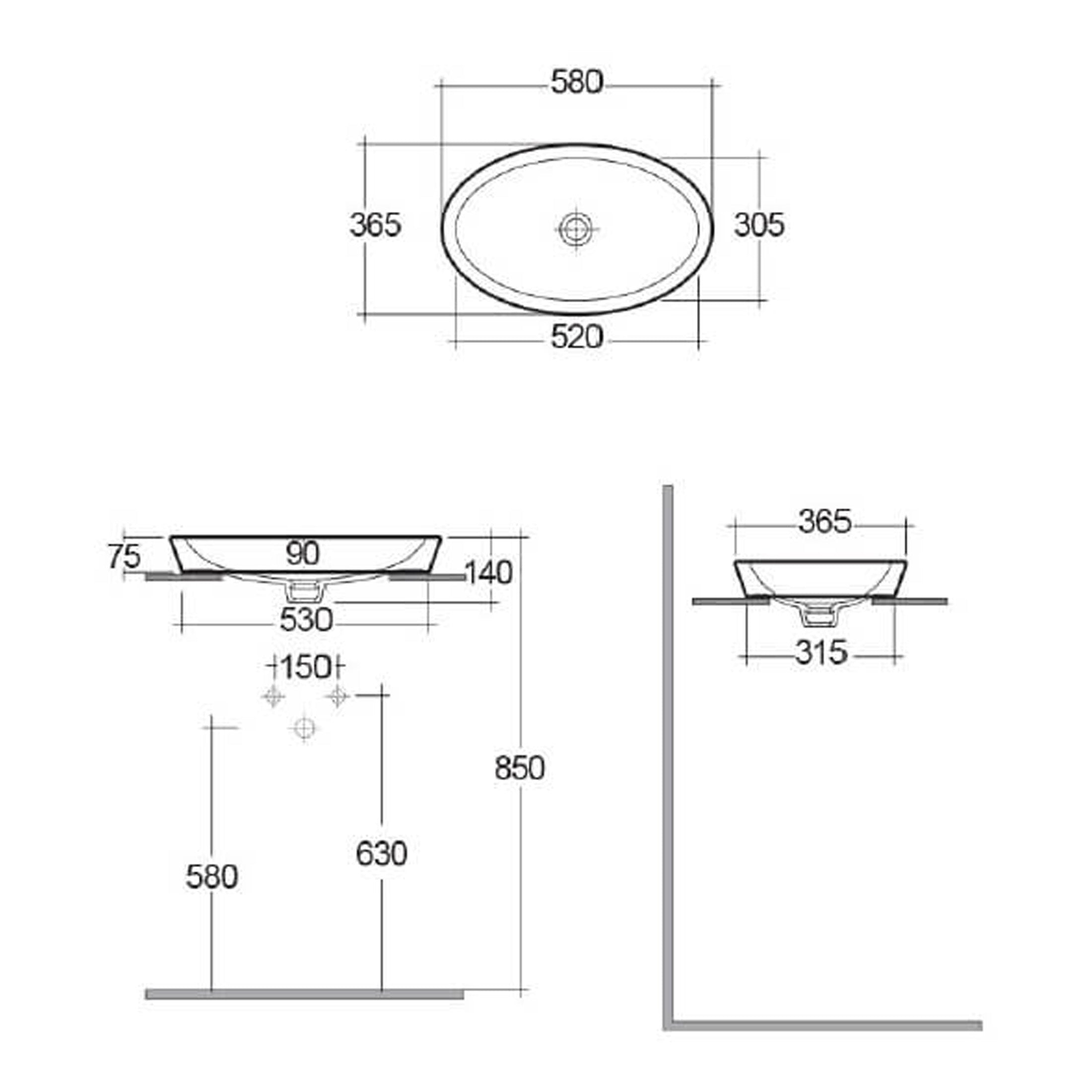 RAK Resort Oval Sit-On Countertop Basin - 580mm Wide - 0 TH - Alpine White