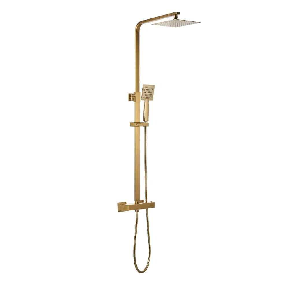Square Brushed Brass Thermostatic Rigid Riser Shower Kit-0
