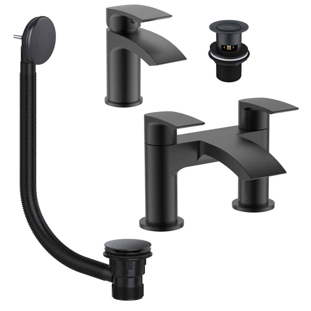 Luxury Bathroom Tap Set Waterfall Bath Filler Basin Mixer Tap Bath Waste BLACK-0