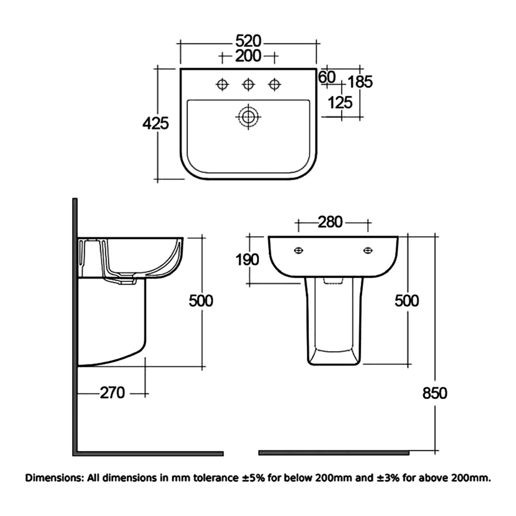 RAK Series 600 Basin With Semi Pedestal - 520mm Wide - 1 TH - Alpine White
