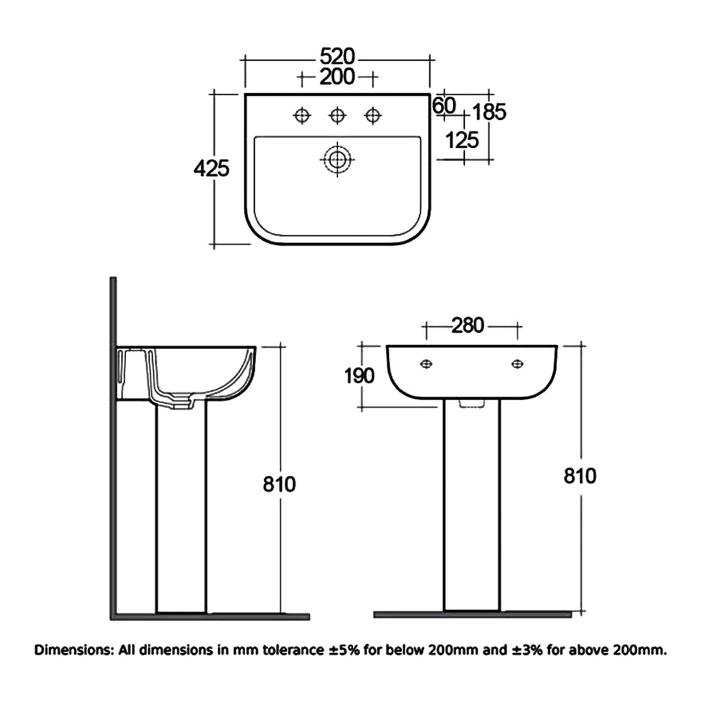 RAK Series 600 Basin With Full Pedestal - 520mm Wide - 2 TH - Alpine White