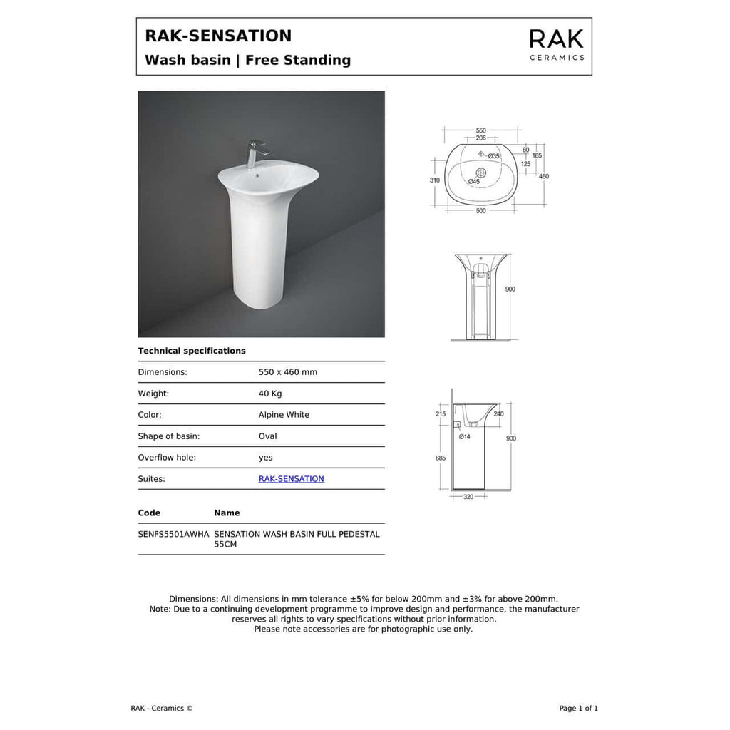 RAK Sensation Freestanding Basin - 550mm Wide - 1 TH - Alpine White
