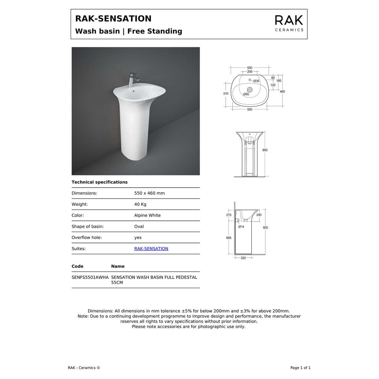 RAK Sensation Freestanding Basin - 550mm Wide - 1 TH - Alpine White