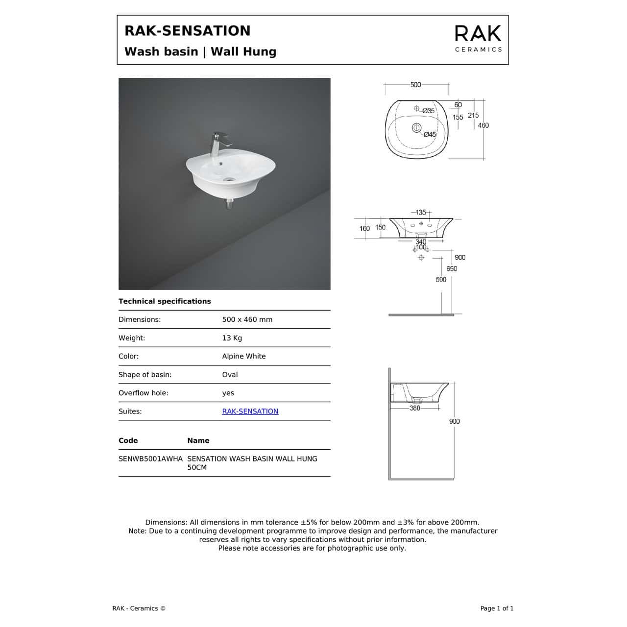 RAK Sensation Wall Hung Basin - 500mm Wide - 1 TH - Alpine White