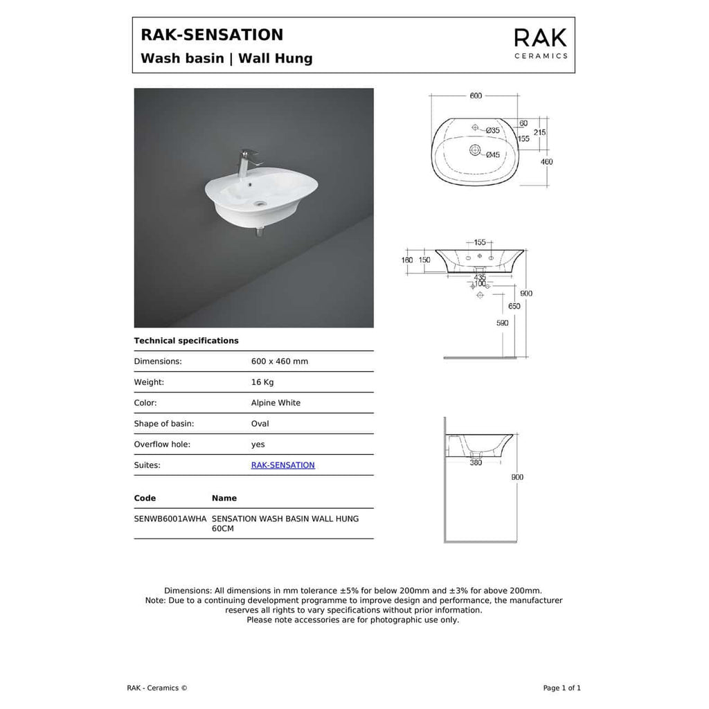 RAK Sensation Wall Hung Basin - 600mm Wide - 1 TH - Alpine White
