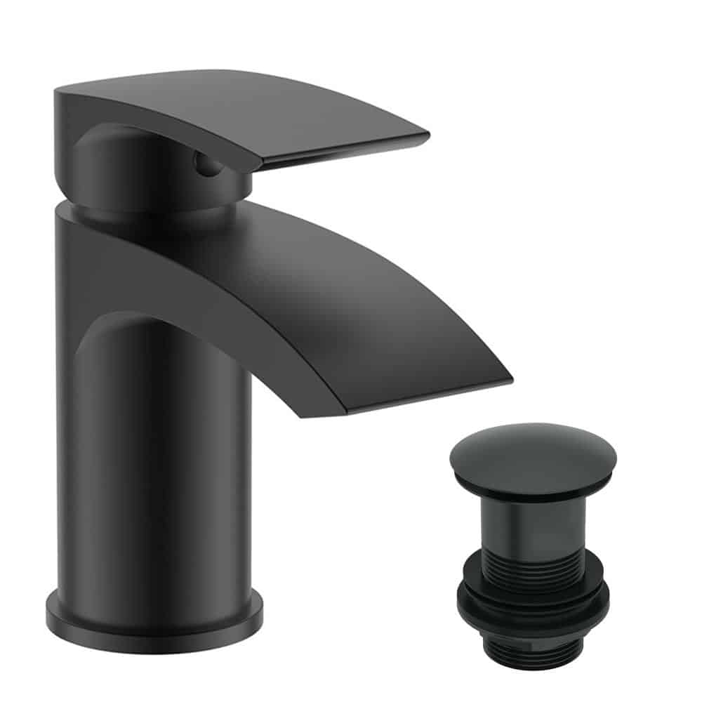 Bathroom Luxury MATT BLACK Basin Sink Mono Mixer Tap & Unslotted Clicker Waste-0