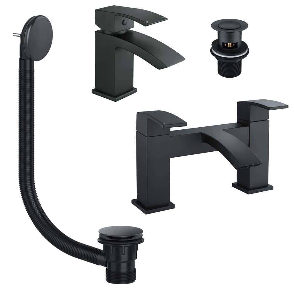 Black Matt Waterfall Basin & Bath Filler Tap Lever Square Deck Mounted Modern-0