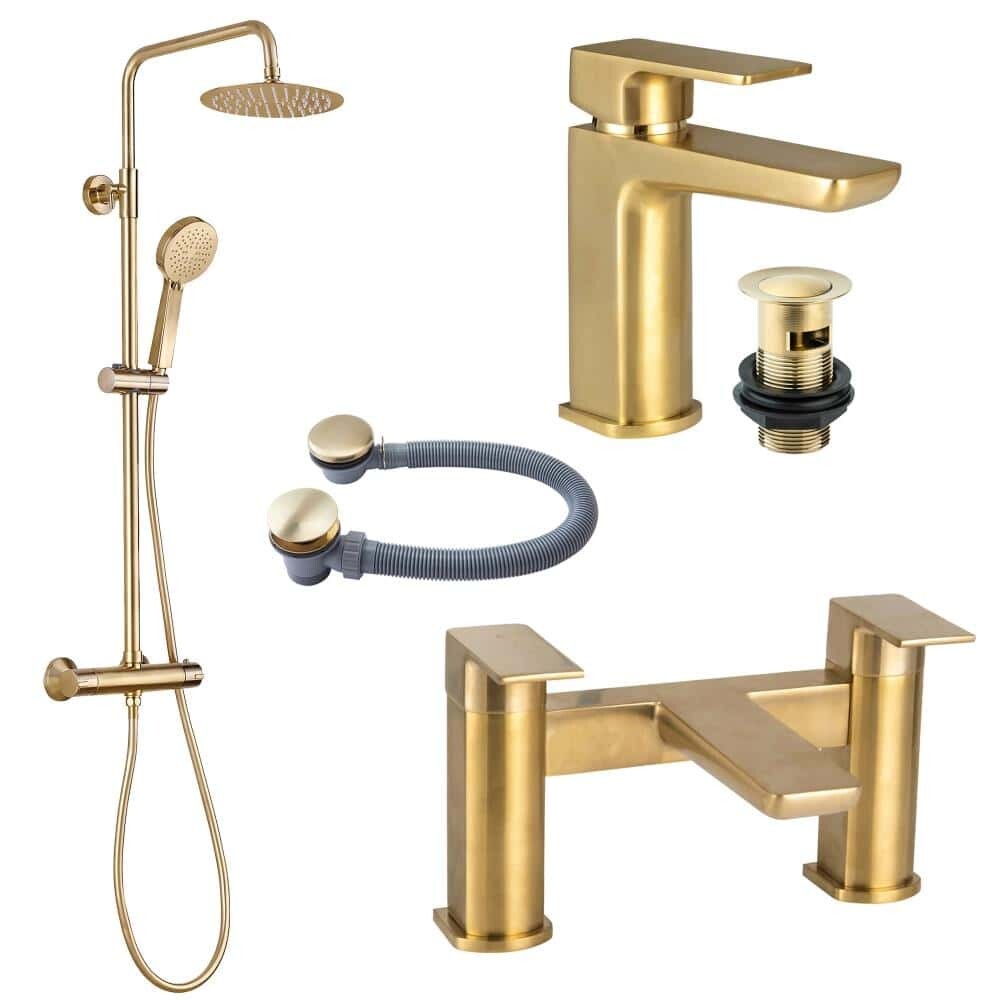 Brushed Brass Shower Kit Rigid Riser Over Head Rainfall & Brushed Brass Basin Tap, Bath Filler Mixer & Bath Waste Pack-0