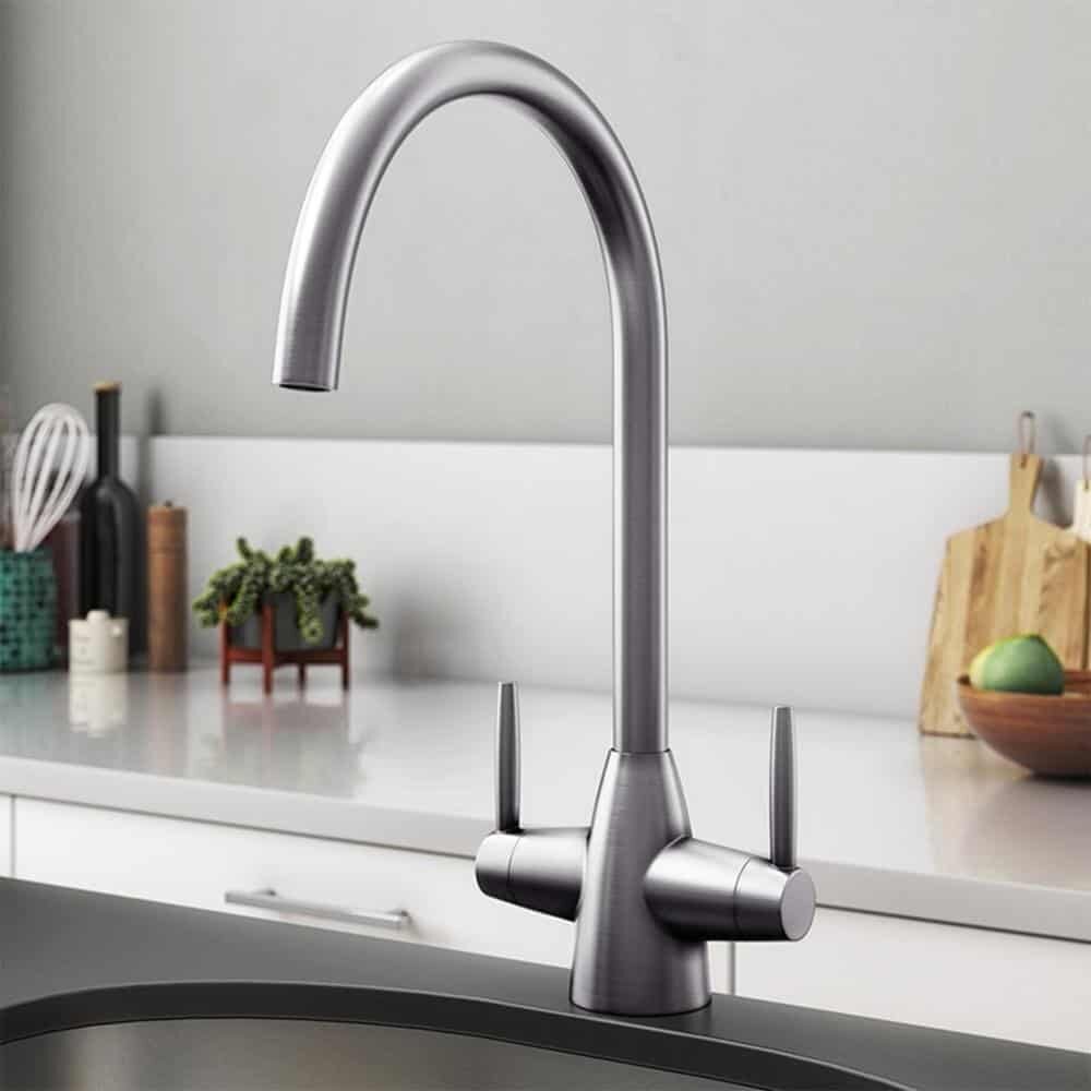 Kitchen Sink Mixer Tap Brushed Nickel (RUMBA) Twin Lever Swivel Spout-0