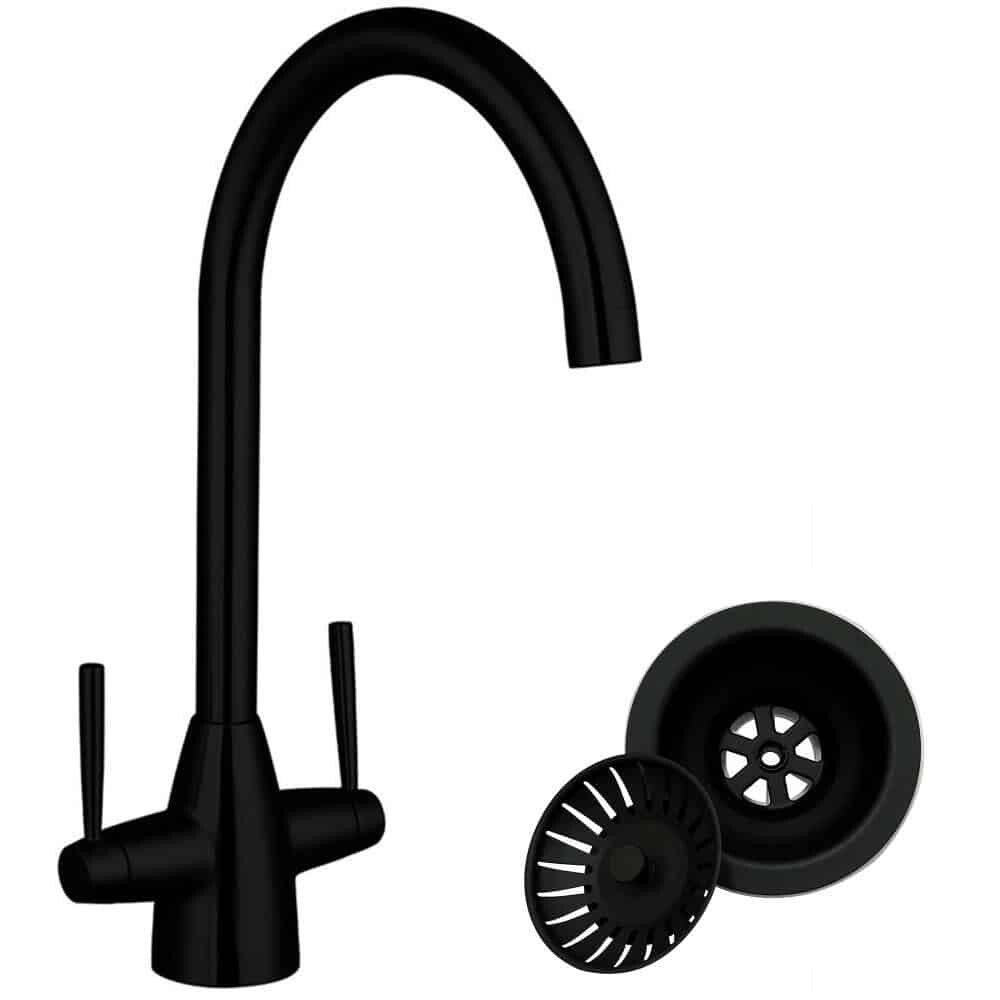Matt Black Dual Lever Kitchen Sink Mixer Tap Swivel Spout & Basket Strainer Waste-0