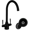 Matt Black Dual Lever Kitchen Sink Mixer Tap Swivel Spout & Basket Strainer Waste-0