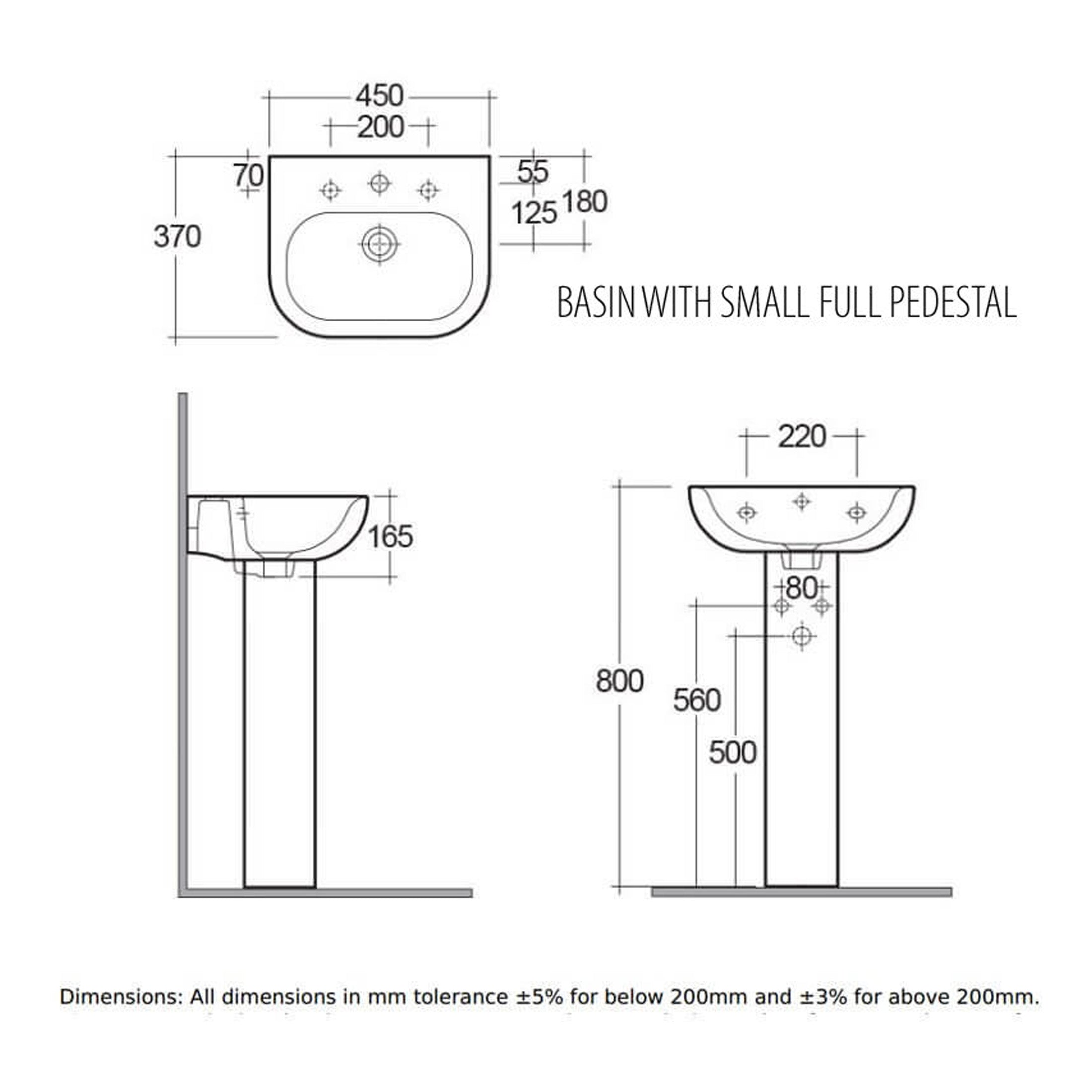 RAK Tonique Basin With Full Pedestal - 450mm Wide - 1 TH - Alpine White