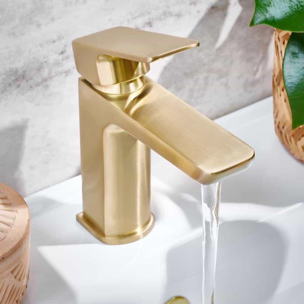 Brushed Brass Shower Kit Rigid Riser Over Head Rainfall & Brushed Brass Basin Tap, Bath Filler Mixer & Bath Waste Pack-14681