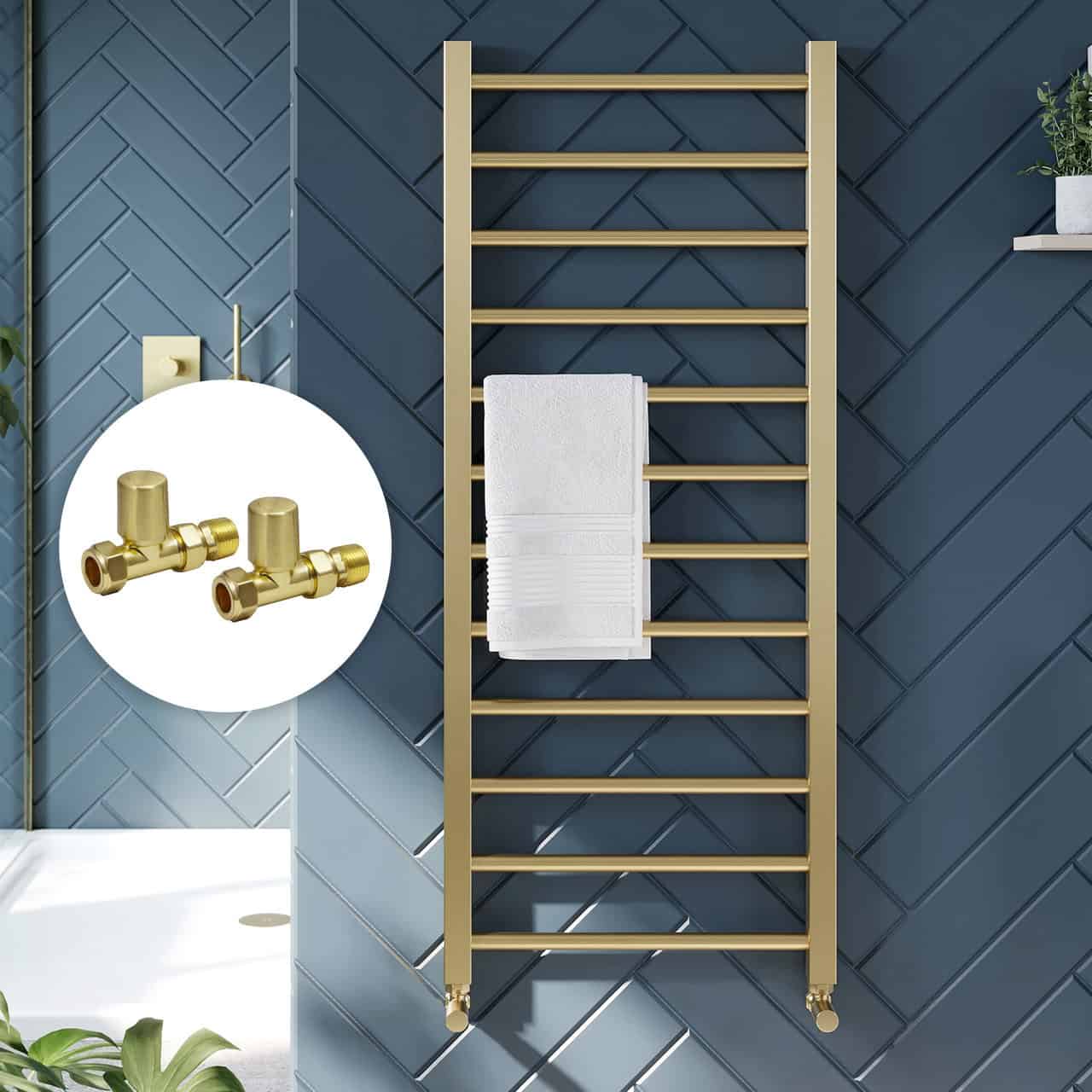 Brushed Brass Straight Designer Heated Towel Rail With Straight Valves - Size Options