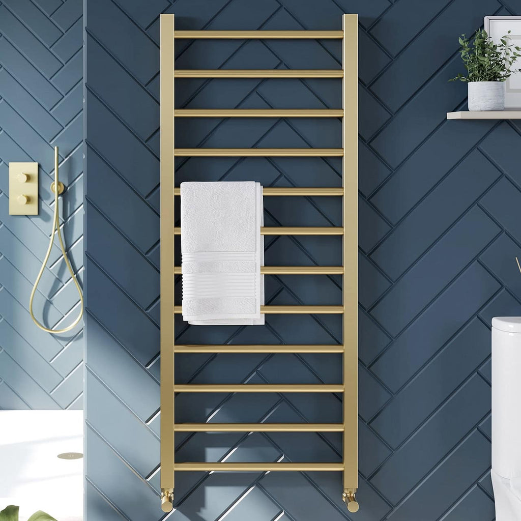 Brushed Brass Straight Designer Heated Towel Rail With Angled Valves - Size Options