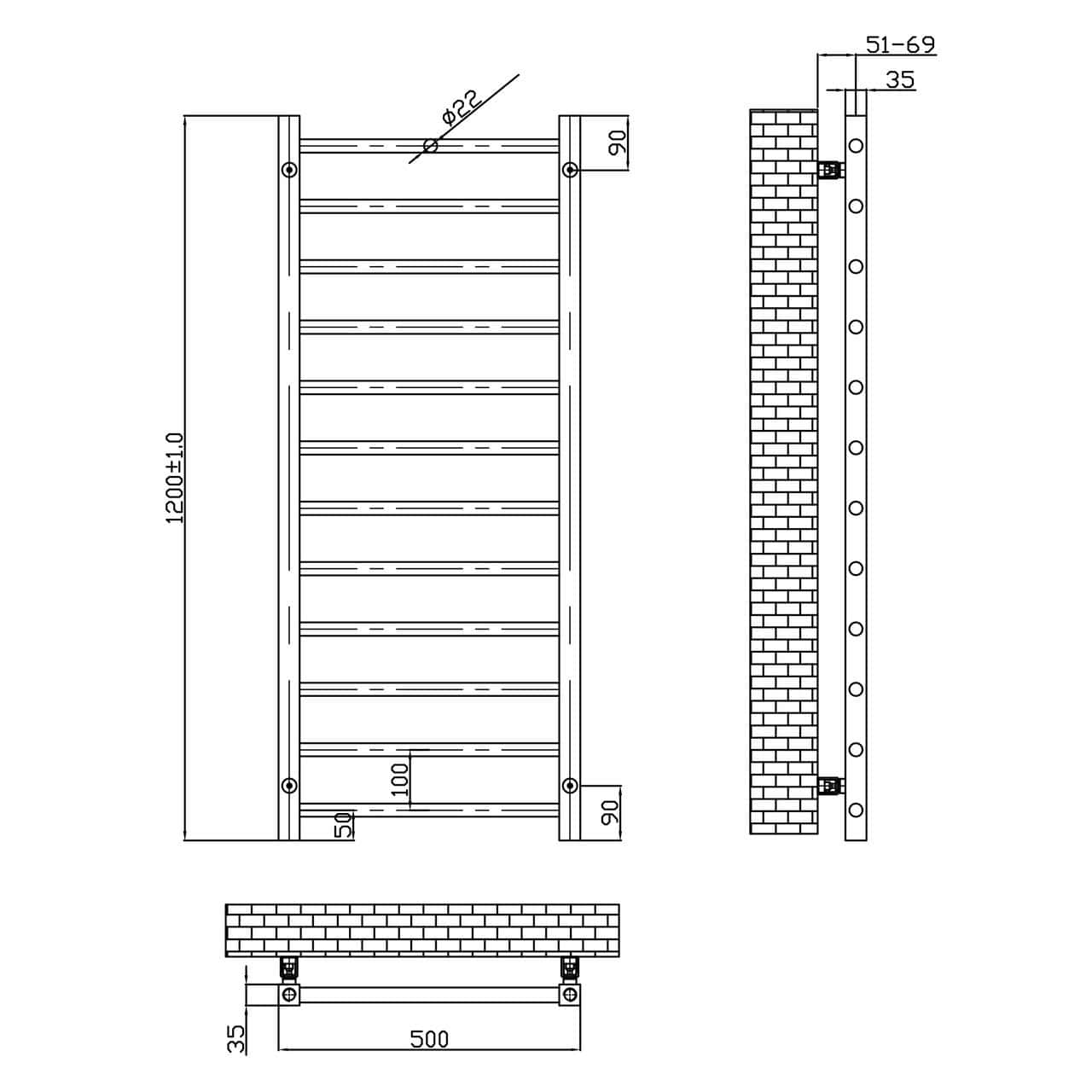 Brushed Brass Straight Designer Heated Towel Rail With Angled Valves - Size Options