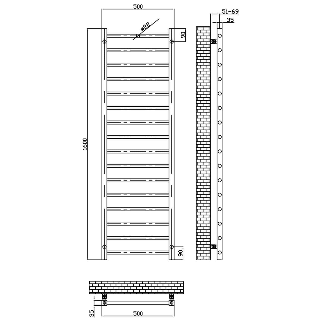 Brushed Brass Straight Designer Heated Towel Rail With Angled Valves - Size Options