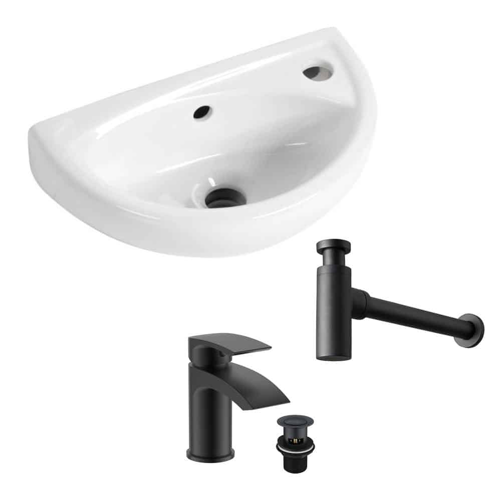 Compact Bathroom Basin Wall Hung Incl Black Mixer Tap Waste & Trap-0
