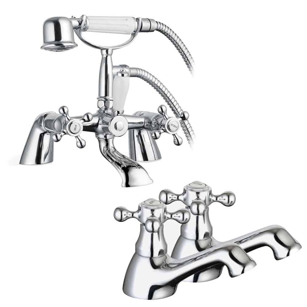 Sterling Traditional Bath Shower Mixer & Basin Tap Pack Hot & Cold Pair - Chrome-0