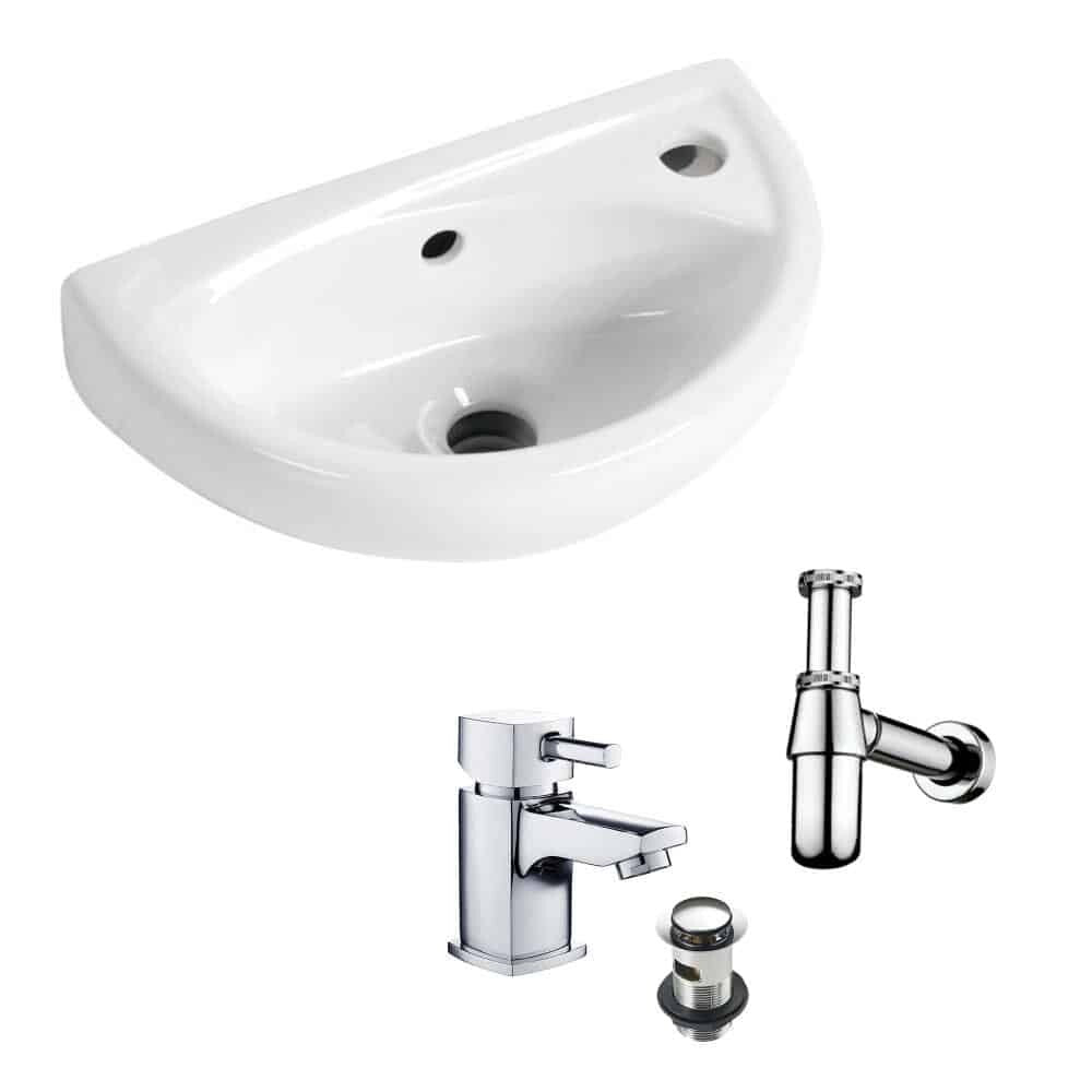 Small Compact Wall Hung Basin, Hero Mono Basin Mixer Tap, Waste & Round Bottle Trap (PK1)-0
