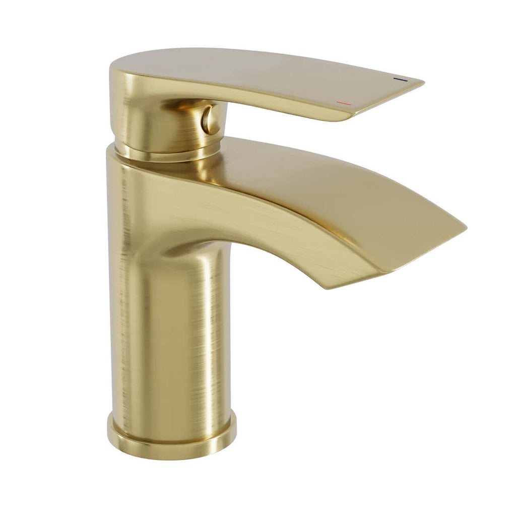 Brushed Brass Sleek Waterfall Basin Sink Mixer Tap &amp; Click Clack Waste