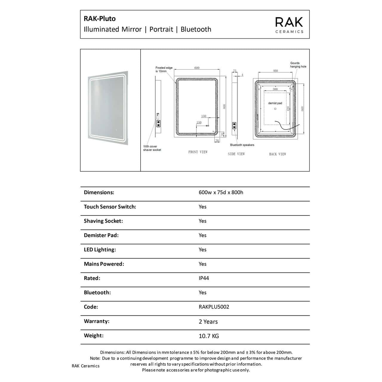 RAK Pluto 600x800mm Silvery White Square Touch Sensor Illuminated Mirror IP 44