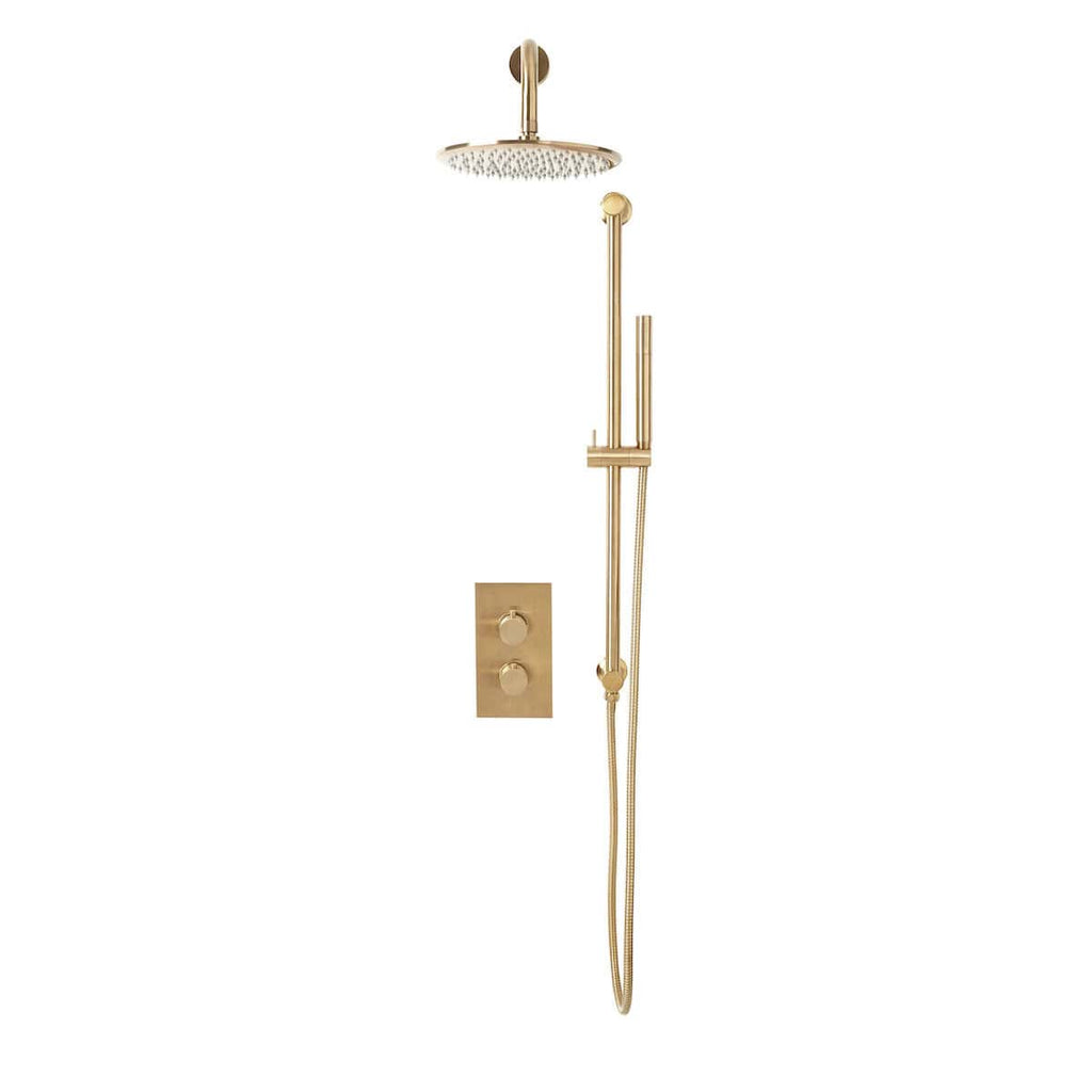 Diamond Cut Brushed Brass Round Concealed Thermostatic Shower Pack Inc Riser Kit
