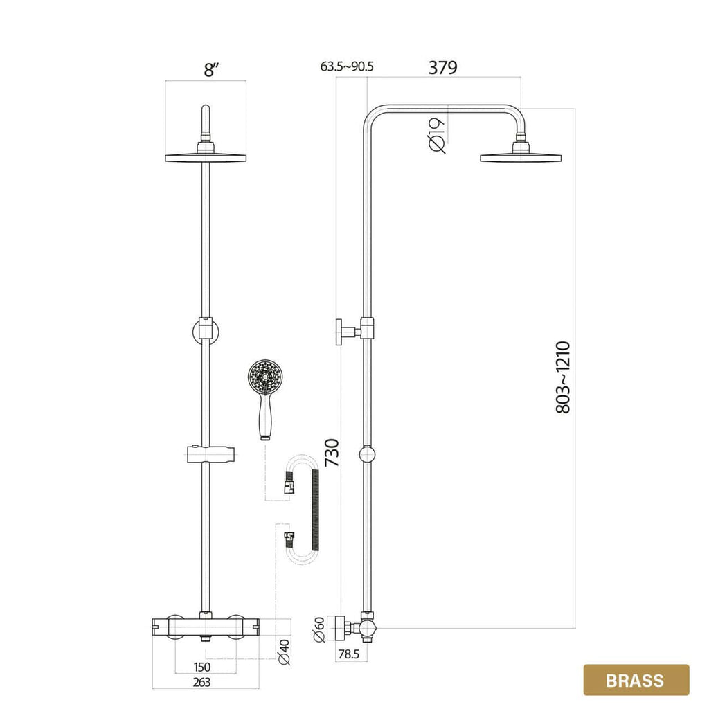 Round Brushed Brass Thermostatic Shower Kit