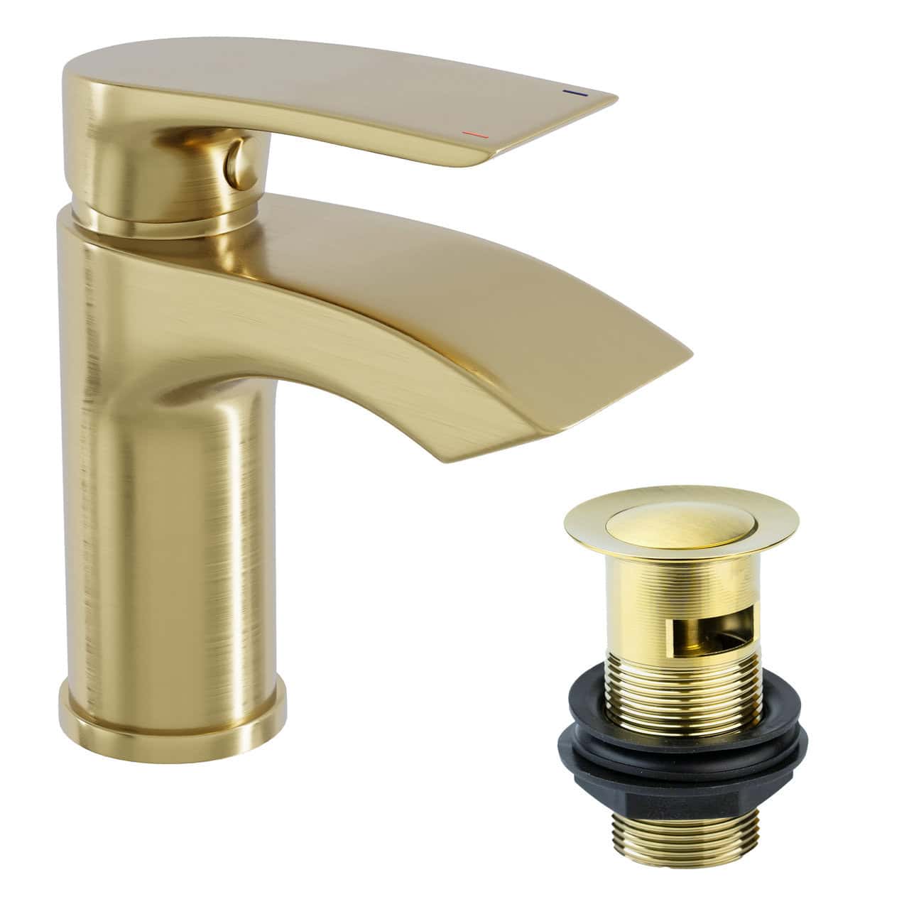 Brushed Brass Sleek Waterfall Basin Sink Mixer Tap &amp; Click Clack Waste