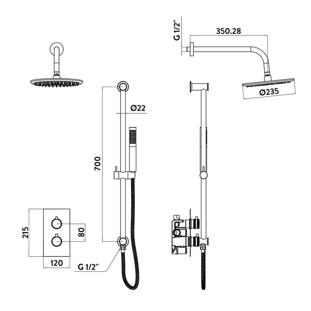 Diamond Cut Brushed Brass Round Concealed Thermostatic Shower Pack Inc Riser Kit