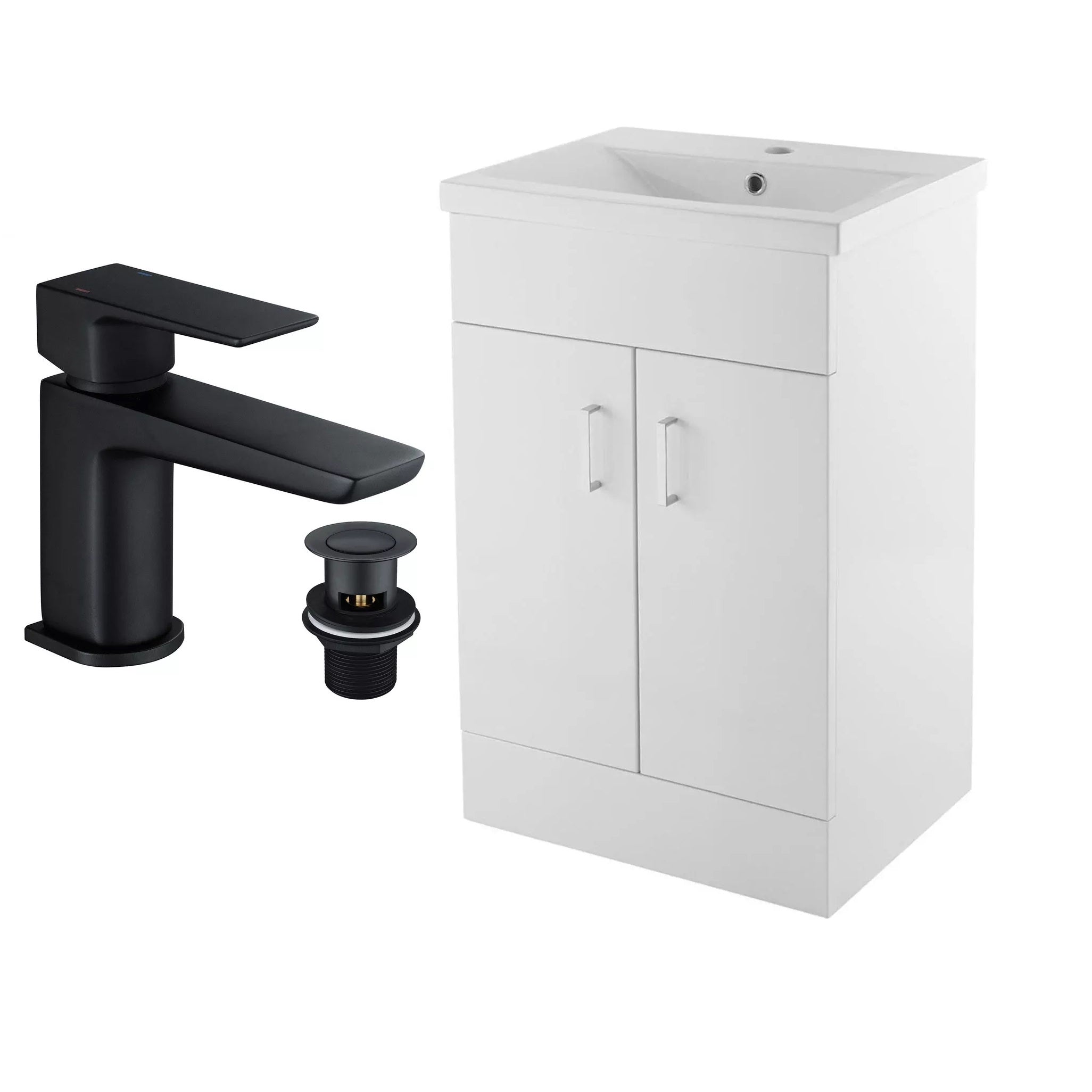 2 Door Floorstanding Vanity Unit With Basin and Black Curve Basin Mixer Tap with Waste- 500mm