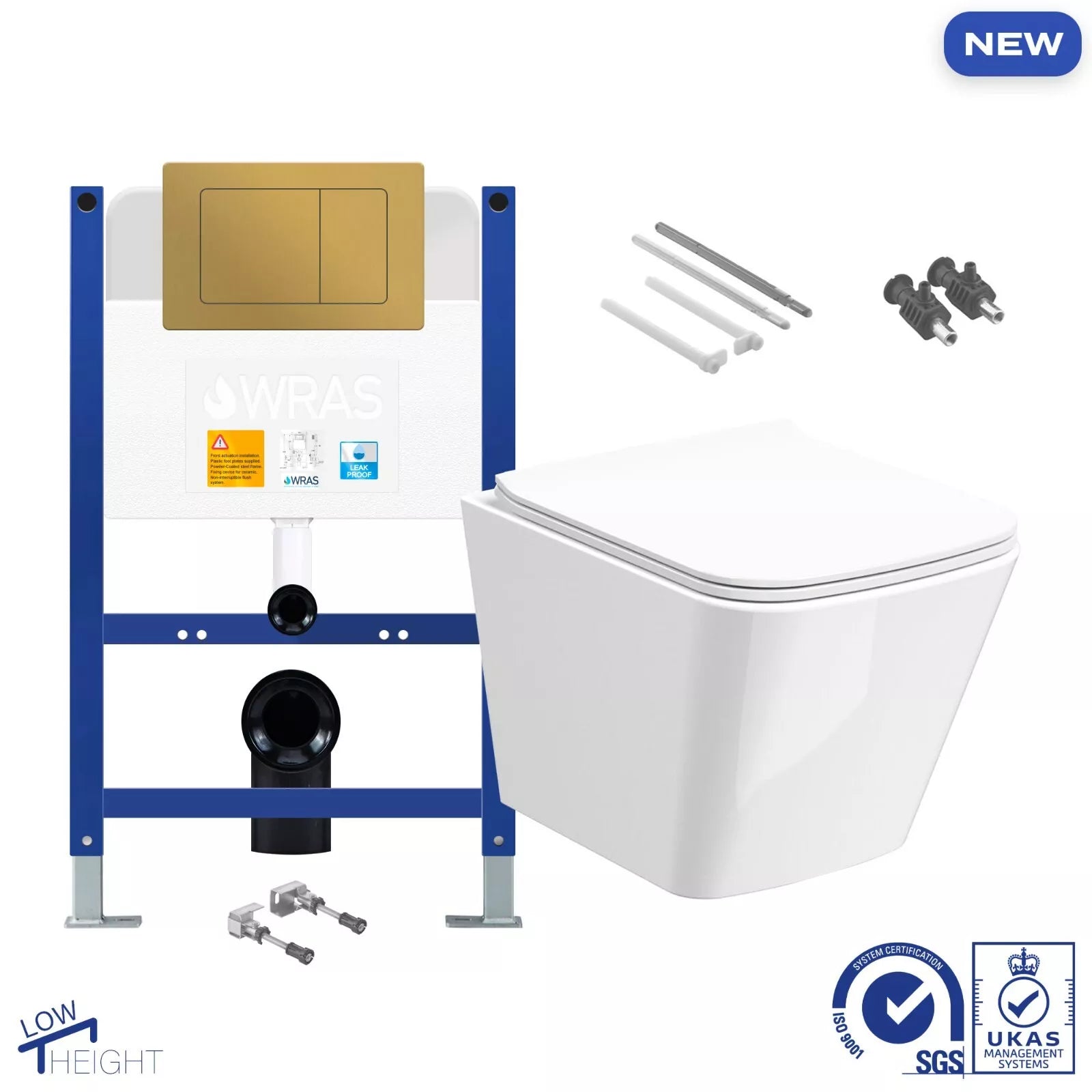 Square Rimless Wall Hung Toilet &amp; 0.75m Low Height Concealed Cistern Frame Unit